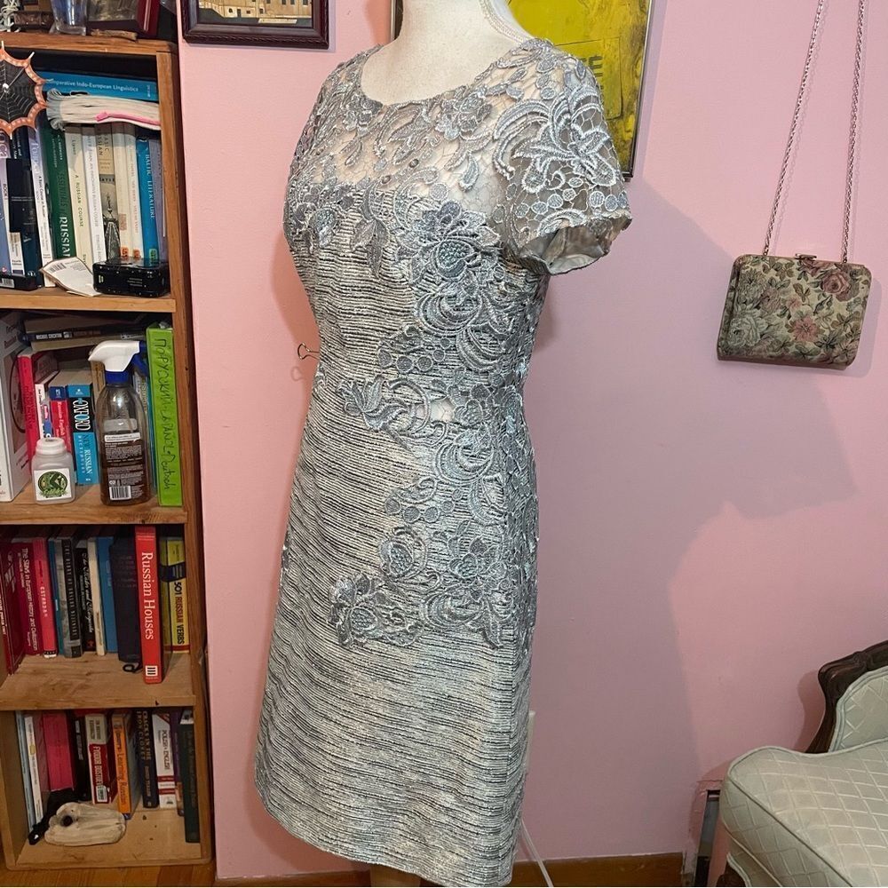 Kay Unger Silver & Pale Blue Embellished Lace Cut Out Mini Dress